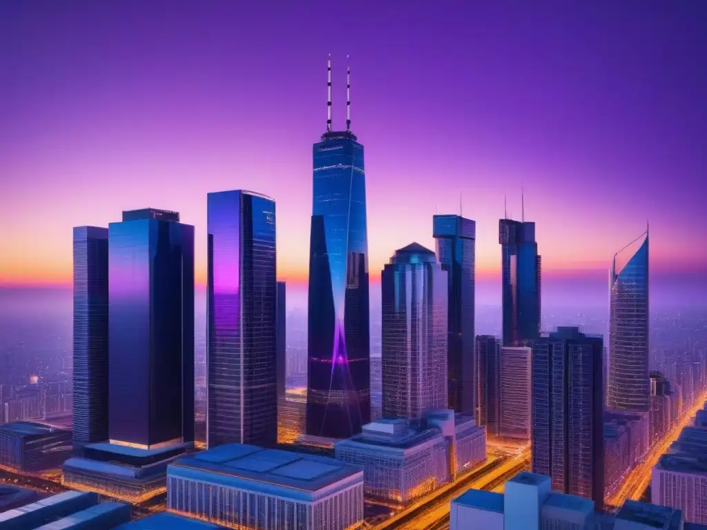 Un paisaje urbano futurista al anochecer con rascacielos de vidrio reflejando la cálida luz del sol poniente