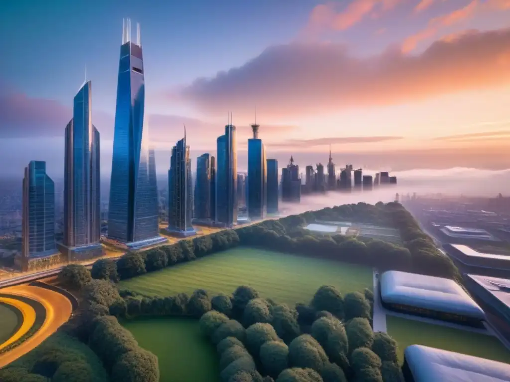 Metrópolis futurista: armonía cultural y modernidad urbana Un paisaje urbano futurista con rascacielos, transporte avanzado y espacios verdes, refleja la armonía entre cultura y modernidad al atardecer