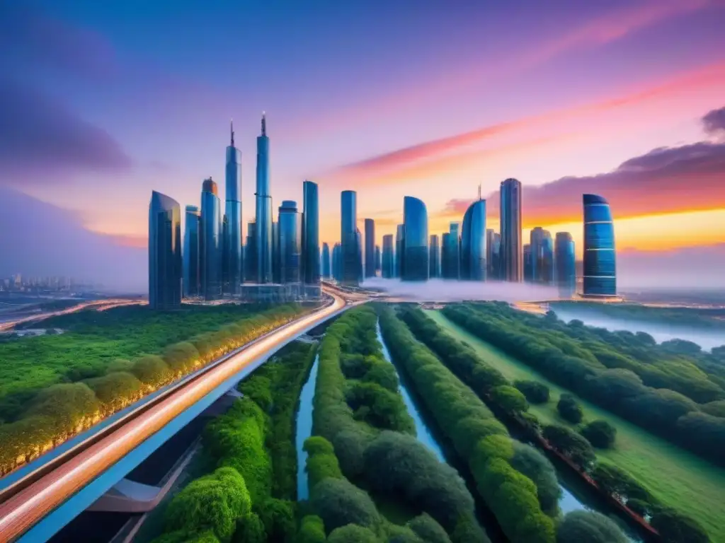 Horizonte futurista: ciudad vanguardista y naturaleza exuberante Un paisaje urbano futurista con rascacielos modernos y avanzados sistemas de transporte, rodeado de vegetación