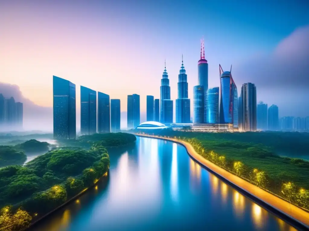 Un paisaje urbano futurista con rascacielos de vidrio, vegetación exuberante y un río sereno
