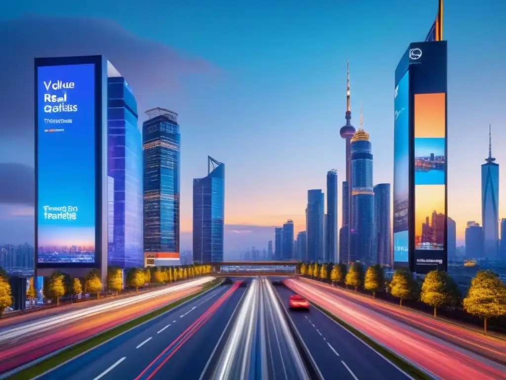 Innovación inmobiliaria: profesionales modernos en ciudad futurista Un paisaje urbano futurista al anochecer con rascacielos iluminados por vallas publicitarias digitales