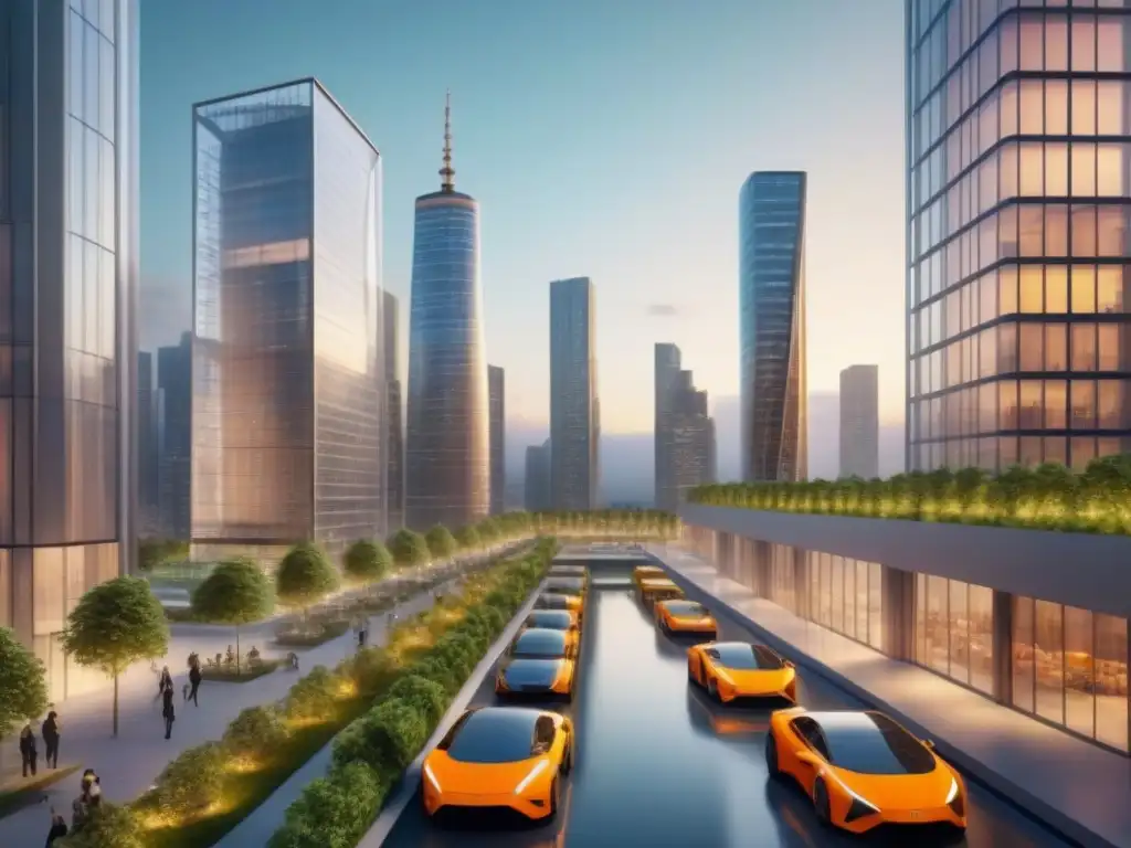 Futurismo urbano: ciudad compartida y sostenible en 8k Un paisaje urbano futurista con rascacielos interconectados y espacios compartidos, destacando el financiamiento inmobiliario en economía compartida