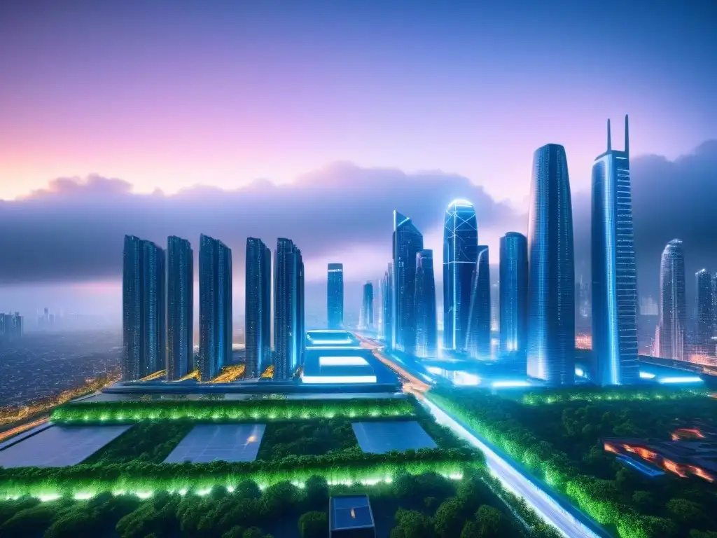 Metrópolis futurista: skyline 8k con rascacielos y autos voladores Un paisaje urbano futurista con rascacielos modernos, conectados por pasarelas transparentes y vegetación exuberante