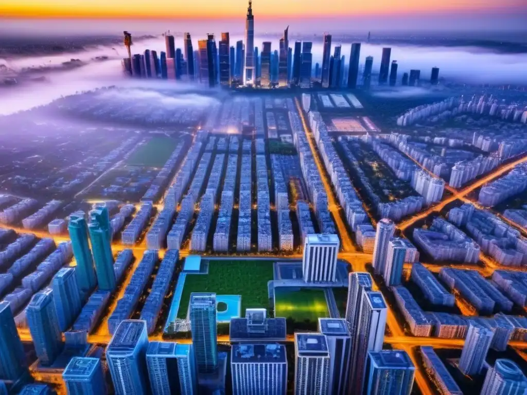 Metrópolis futurista: Urbanismo innovador bañado en luz dorada Un paisaje urbano futurista con rascacielos, espacios verdes y transporte público eficiente, bañado por la luz dorada del sol