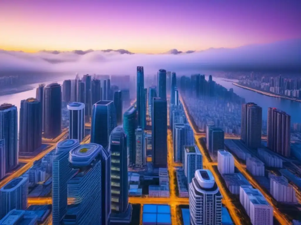 Metrópolis futurista: innovación y éxito en mercados emergentes Un paisaje urbano futurista al anochecer, con rascacielos elegantes y diseños arquitectónicos innovadores iluminados por luces de neón