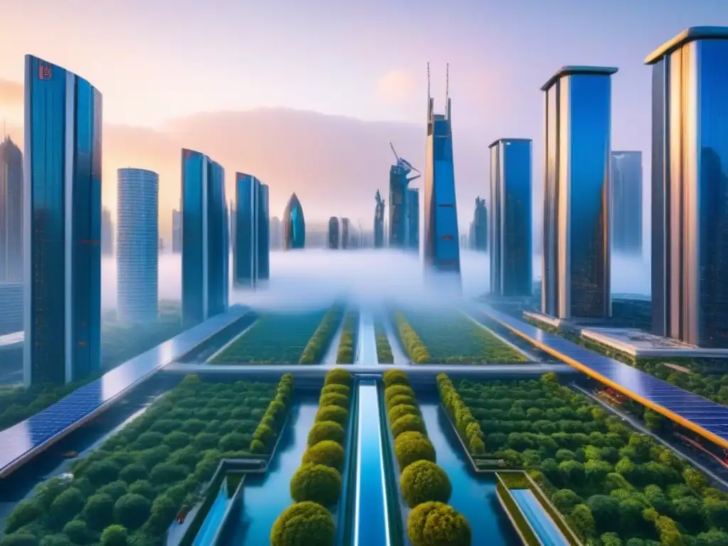 Metrópolis futurista: atardecer vibrante en ciudad sostenible Un paisaje urbano futurista con rascacielos elegantes que se elevan hacia el cielo, reflejando los últimos rayos de un vibrante atardecer
