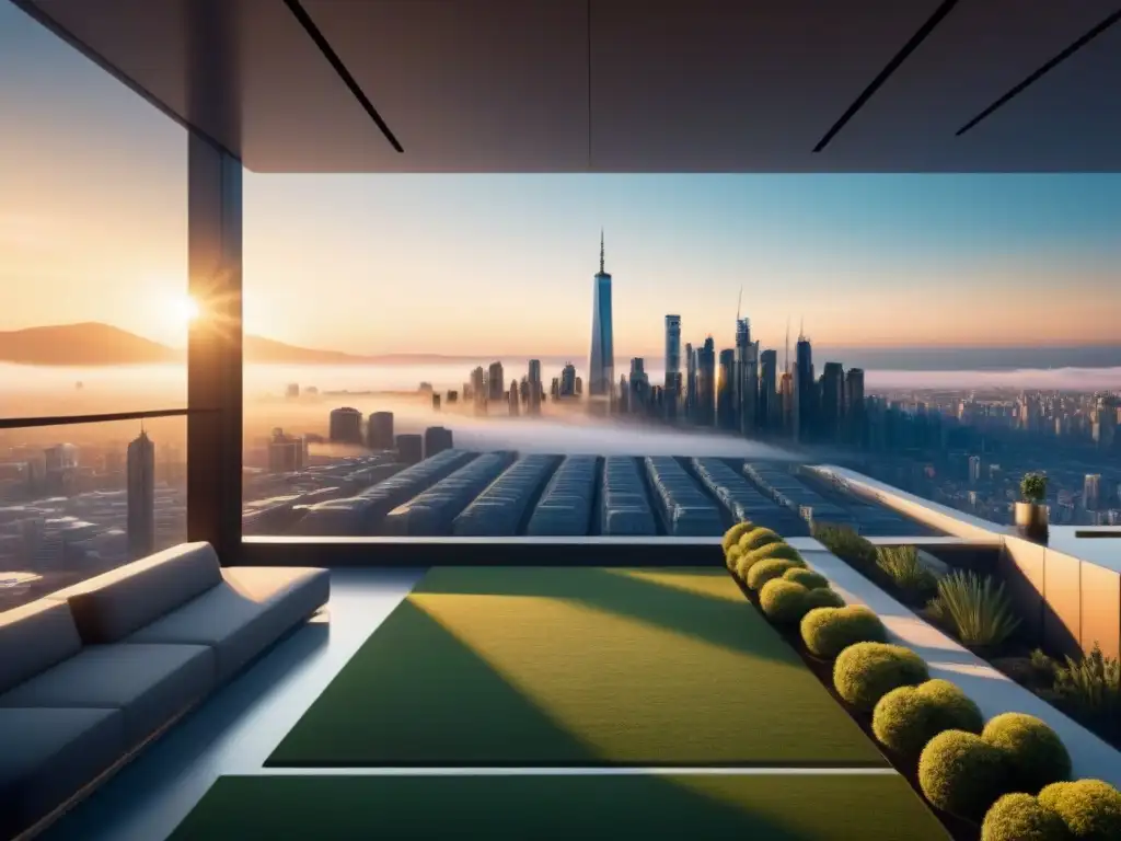 Metrópolis futurista: rascacielos elegantes y naturaleza integrados Un paisaje urbano futurista con rascacielos, jardines en azoteas y sistemas de transporte avanzados, bañado por la cálida luz del atardecer