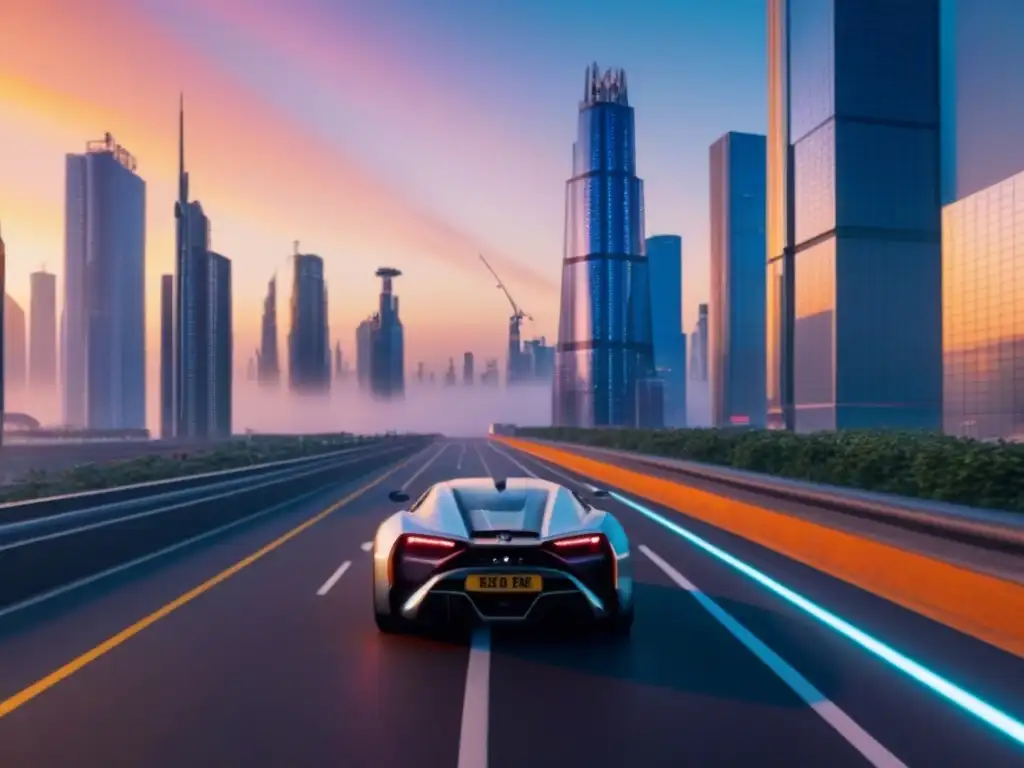 Horizonte futurista: Ciudad innovadora en atardecer vibrante Un paisaje urbano futurista con rascacielos modernos y diseño sostenible, reflejando el futuro de las políticas de vivienda y el sector inmobiliario