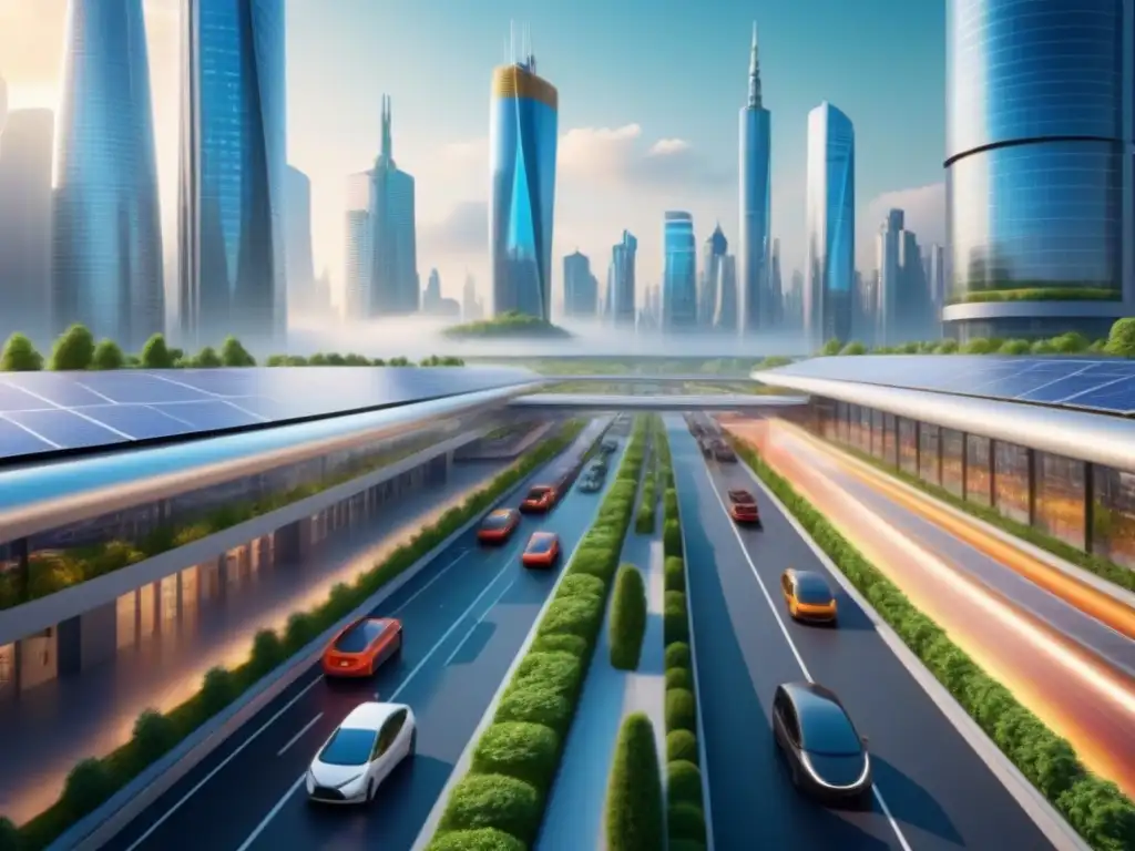 Cityscape futurista sostenible: edificios modernos y transporte eficiente Un paisaje urbano futurista con rascacielos modernos, espacios verdes y sistemas de transporte público eficientes integrados
