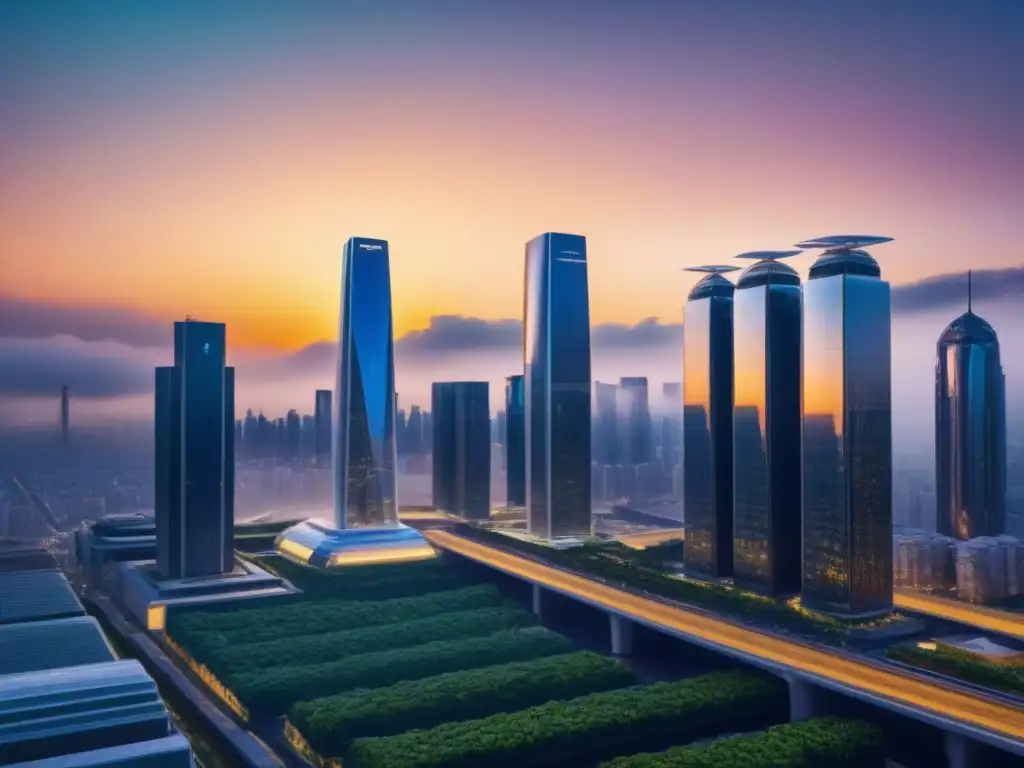 Metrópolis futurista: rascacielos eco-sostenibles al atardecer Un paisaje urbano futurista con rascacielos modernos y sostenibles en un atardecer dorado