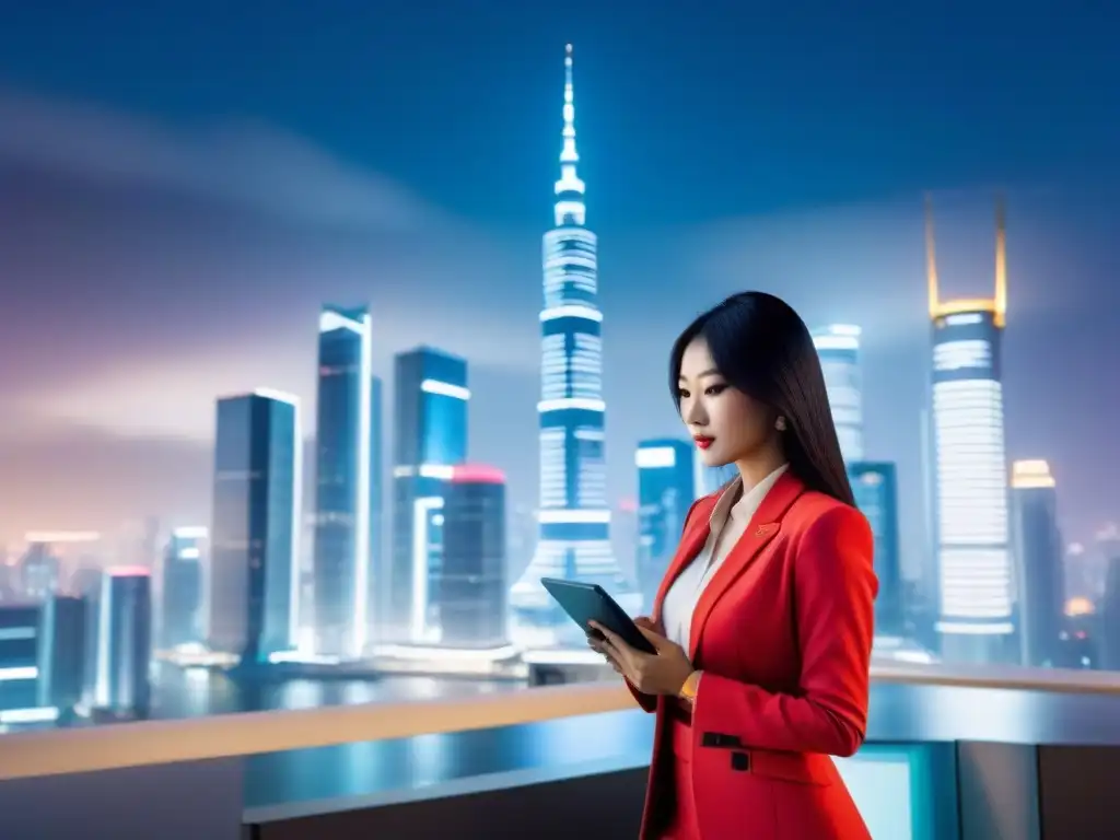 Un paisaje urbano futurista con rascacielos elegantes y avanzada arquitectura, fusionando elementos tradicionales asiáticos con tecnología de vanguardia