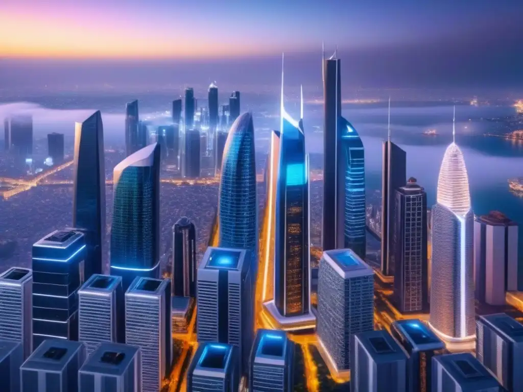 Metrópolis futurista: rascacielos de cristal y drones iluminados Un paisaje urbano futurista con rascacielos de vidrio y acero brillantes, reflejando las luces vibrantes de la bulliciosa metrópolis debajo