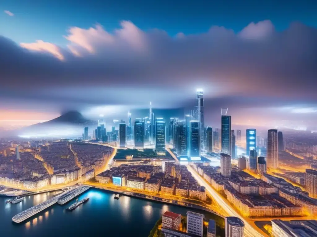 Metrópolis futurista con tecnología blockchain en inversión inmobiliaria Un paisaje urbano futurista con rascacielos digitalmente mejorados y capas de tecnología blockchain transparente y brillante, mostrando la integración perfecta de la tecnología blockchain en inversiones inmobiliarias internacionales