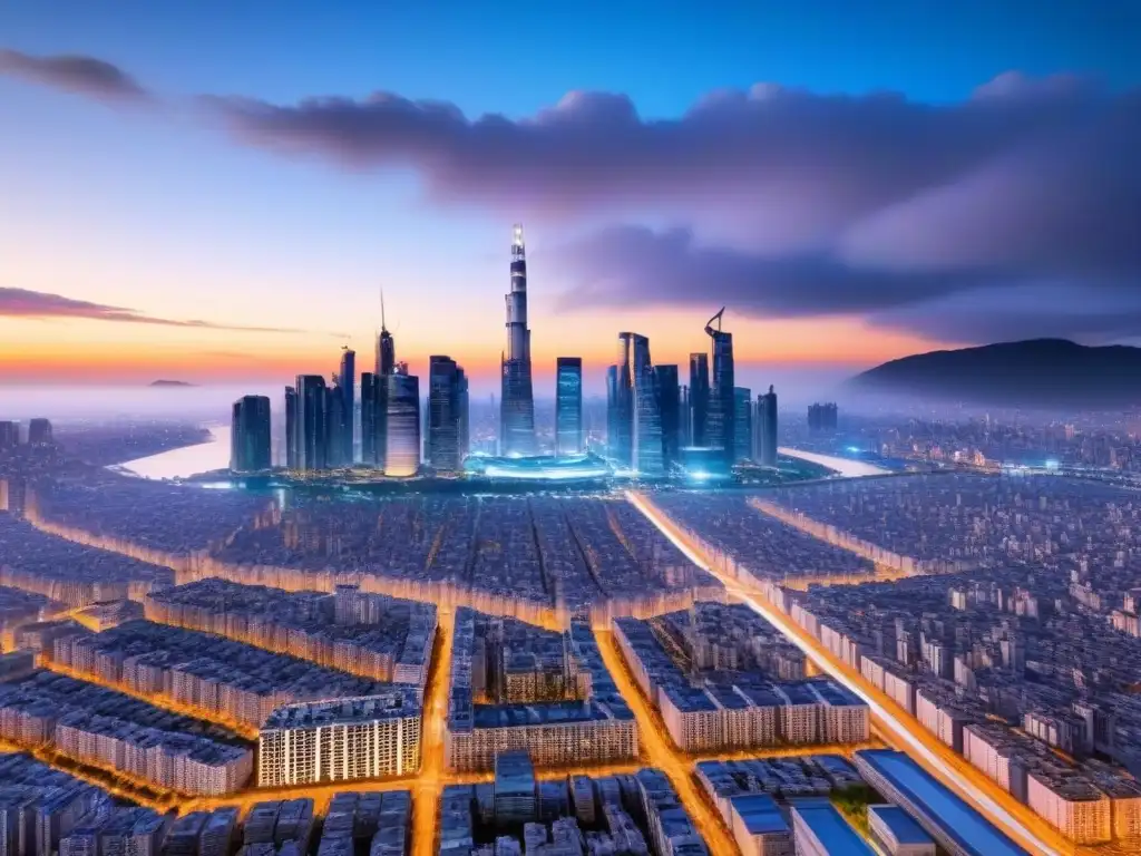 Innovación urbana: cityscape futurista al atardecer Un paisaje urbano futurista al anochecer, con rascacielos elegantes y sistemas de transporte avanzados integrados