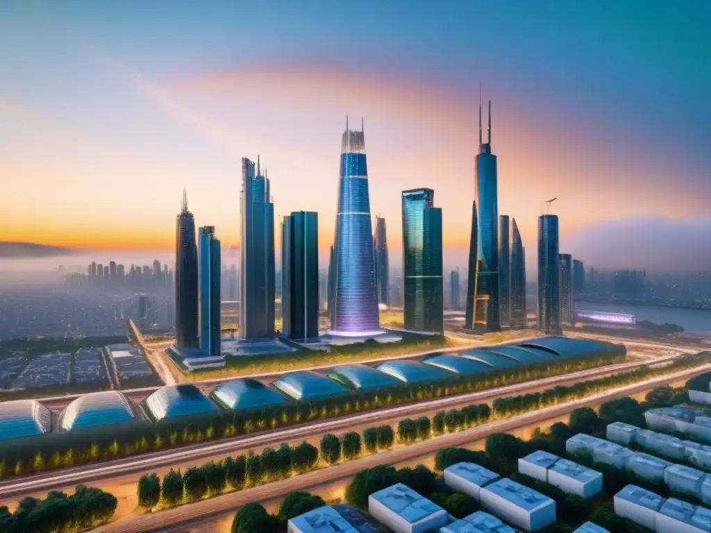 Un paisaje urbano futurista con rascacielos y arquitectura sostenible, reflejando progreso e innovación en medio de cambios políticas globales