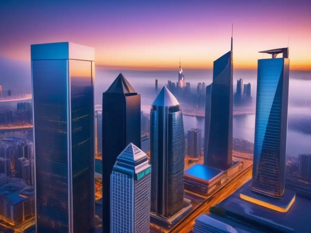 Metrópolis futurista: atardecer entre rascacielos y coches voladores Un paisaje urbano futurista al anochecer con rascacielos elegantes y puentes aéreos, reflejando el sol