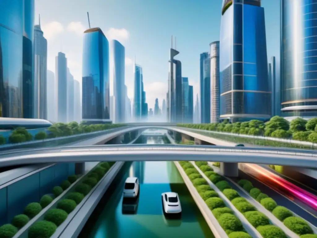 Un paisaje urbano futurista con rascacielos de vidrio y acero, vehículos autónomos y hologramas