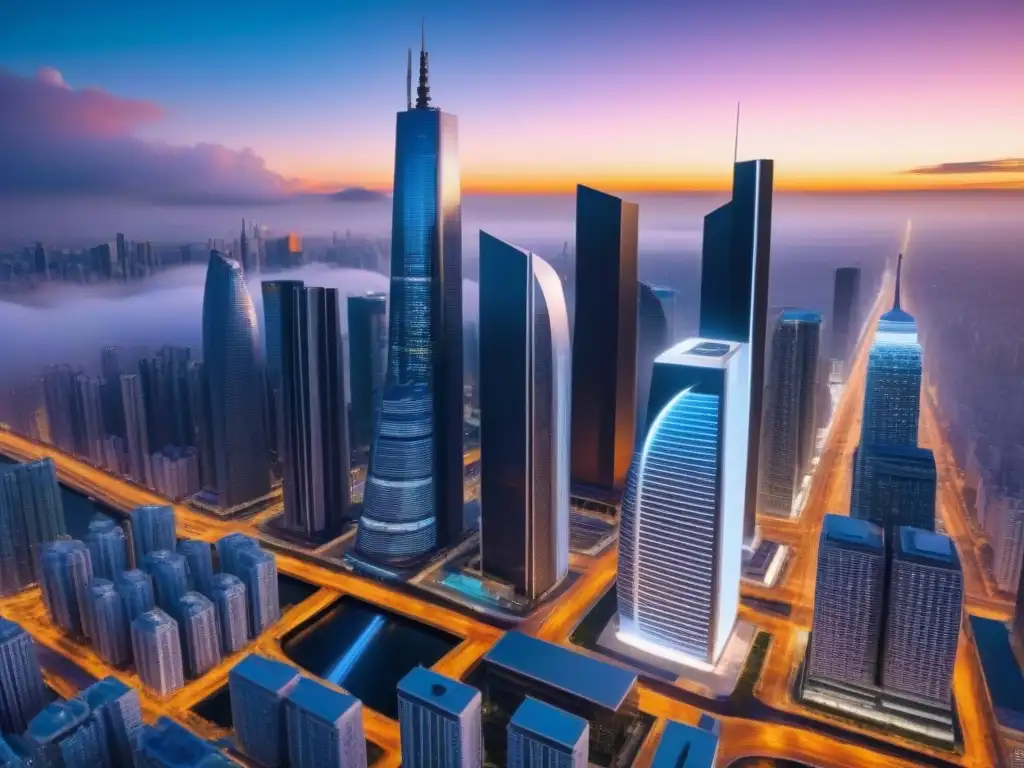 Cityscape futurista: rascacielos y tecnología avanzada al atardecer Un paisaje urbano futurista con rascacielos y tecnología avanzada reflejando un vibrante atardecer