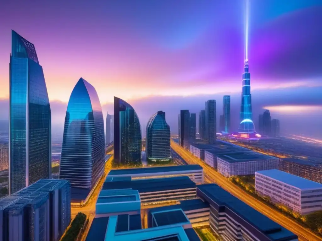 Metrópolis del Futuro: Arquitectura Innovadora y Luces de Neón Un paisaje urbano futurista con rascacielos de vidrio, luces de neón y vida urbana, reflejando modernidad y cumplimiento de normativas inmobiliarias