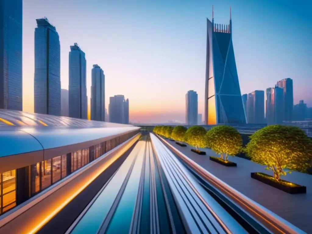 Metrópolis futurista: arquitectura moderna y sostenible al atardecer Un paisaje urbano futurista con rascacielos de arquitectura moderna y elementos innovadores