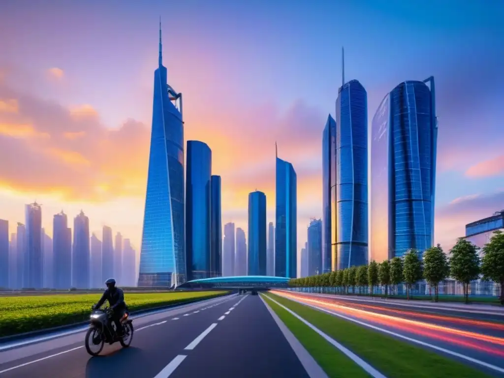 Metrópolis futurista: arquitectura verde y tecnología avanzada Un paisaje urbano futurista con rascacielos elegantes e infraestructura avanzada, simbolizando la adaptación a nuevas leyes inmobiliarias