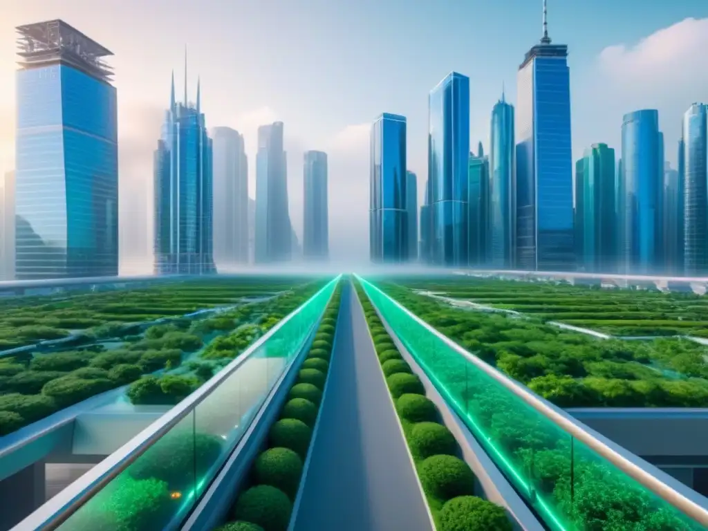 Metrópolis futurista: gestión de riesgos inmobiliarios avanzada en 2023 Un paisaje urbano futurista en 8K con rascacielos elegantes, conectados por pasarelas transparentes y adornados con vegetación exuberante