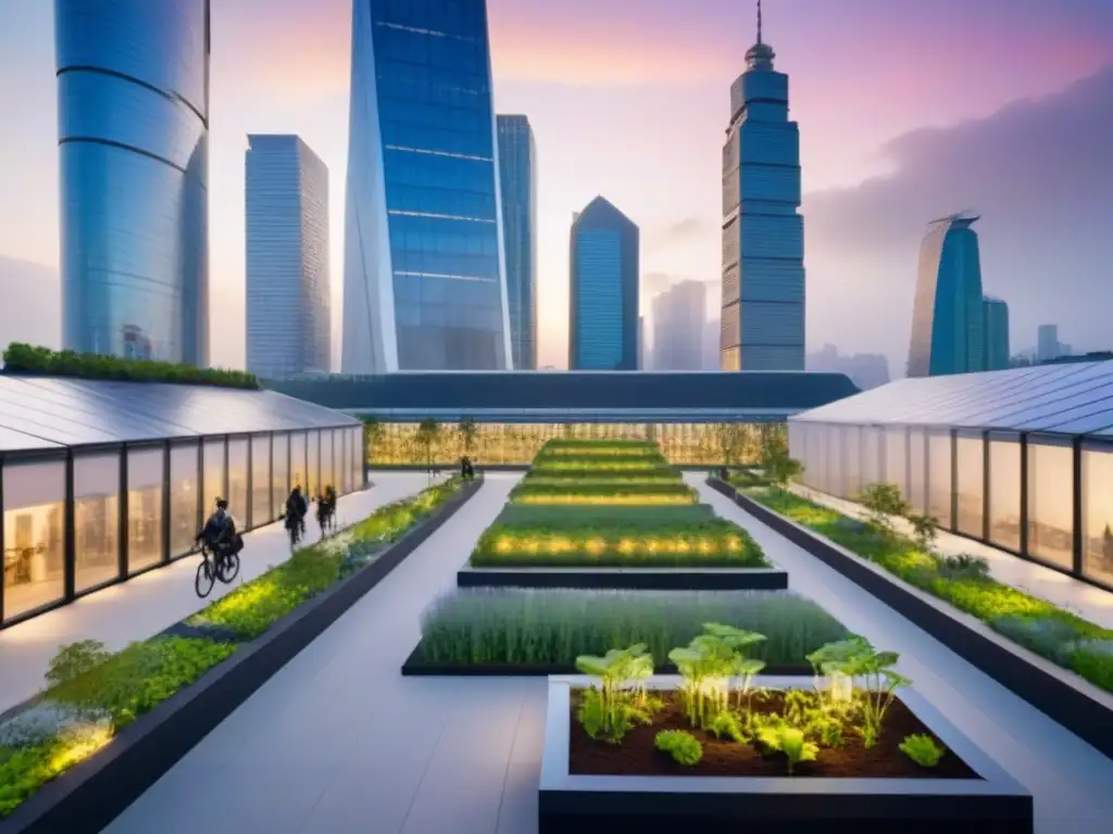 Metrópolis futurista eco-sostenible al anochecer Un paisaje urbano futurista al anochecer con rascacielos sostenibles iluminados por LED, certificaciones sostenibles sector inmobiliario