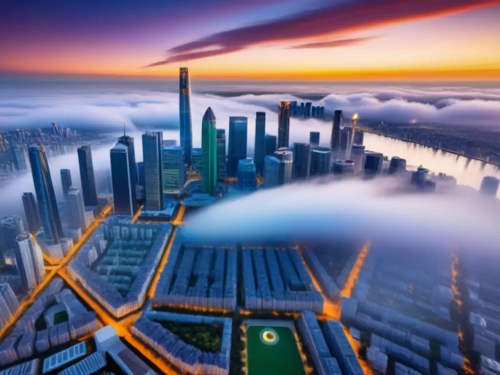 Horizonte urbano diverso: inversión inmobiliaria en armonía Un paisaje urbano futurista con rascacielos representando inversiones inmobiliarias extranjeras, conectados por líneas brillantes