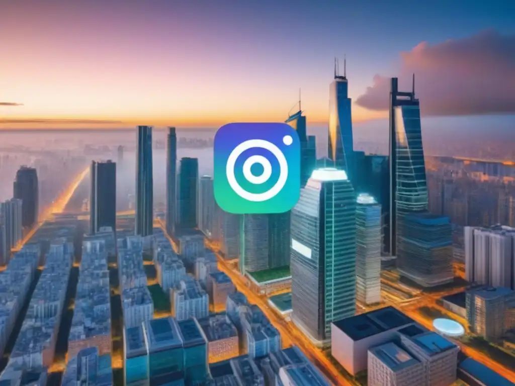 Revolutionary Proptech: Ciudad Futurista con Plataformas Innovadoras Un paisaje urbano futurista con rascacielos brillantes, cada uno con logotipos de Plataformas Proptech para gestión alquileres
