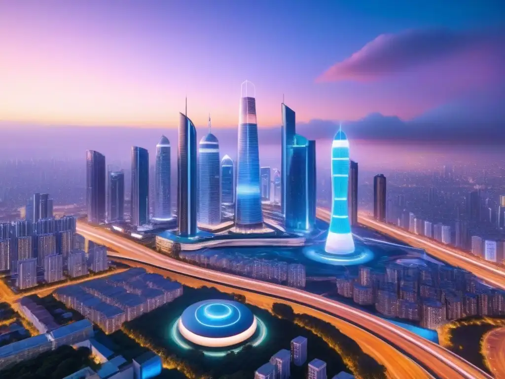 Un paisaje urbano futurista al anochecer, con rascacielos elegantes iluminados con luces de neón y proyecciones holográficas
