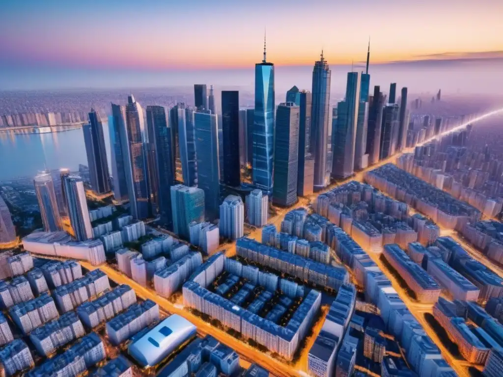 Metrópolis futurista: IA en valoraciones inmobiliarias Un paisaje urbano futurista con rascacielos relucientes y tecnología avanzada
