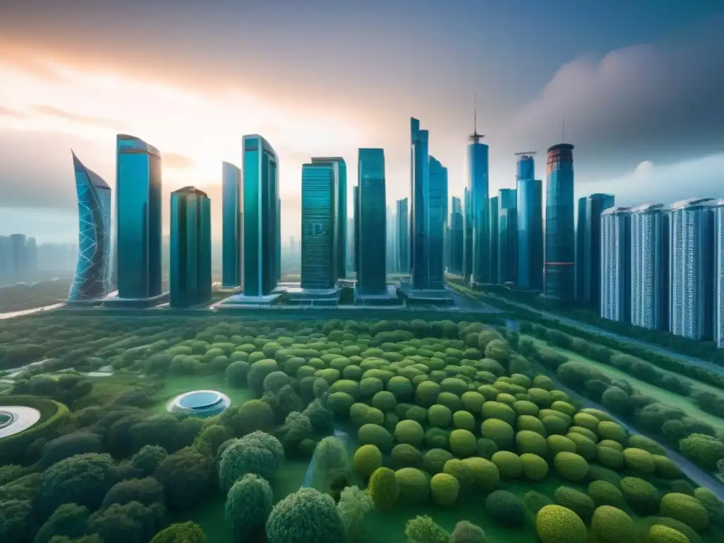Metrópolis futurista: armonía entre naturaleza y tecnología Un paisaje urbano futurista con rascacielos modernos, parques verdes y luz cálida de IA