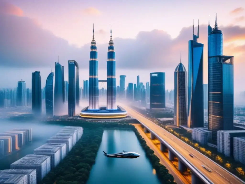 Metrópolis futurista: IA revoluciona valoraciones inmobiliarias Un paisaje urbano futurista con rascacielos y drones AI avanzados, mostrando la integración de IA en tasaciones inmobiliarias