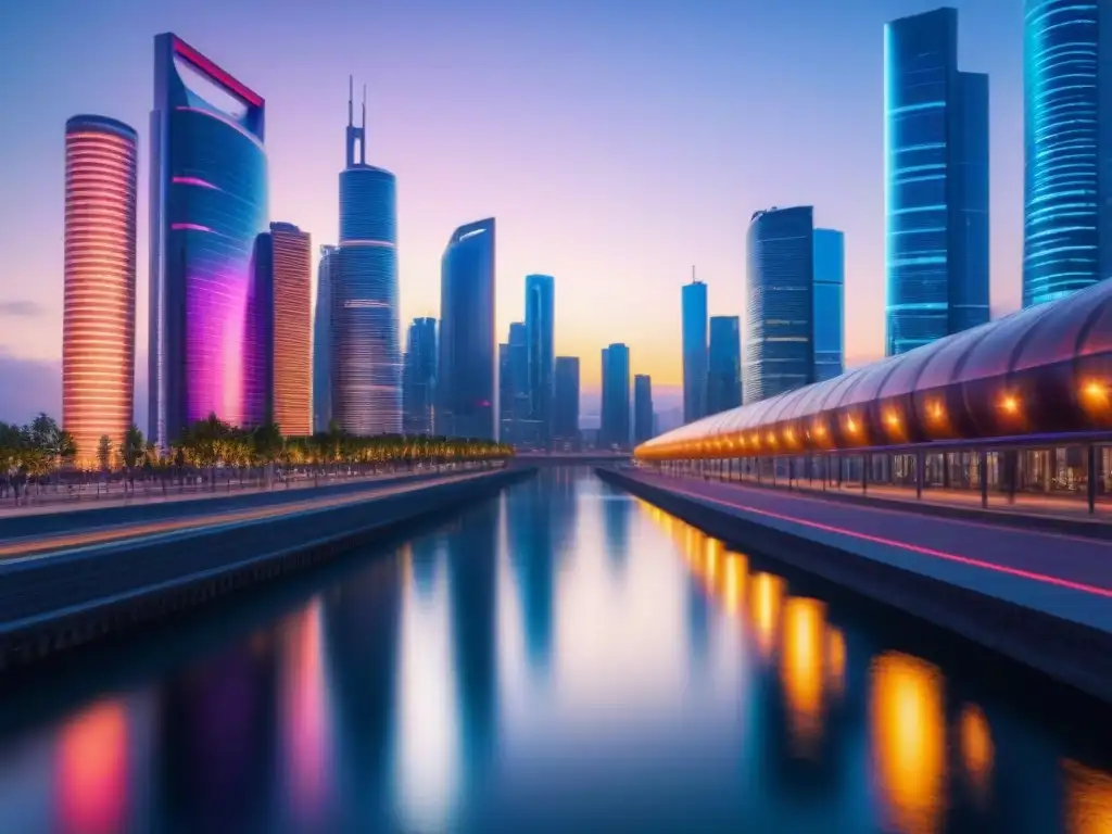 Futurismo urbano: Ciudad AI en 8k nocturna Un paisaje urbano futurista con rascacielos iluminados y tasaciones automáticas inteligencia artificial