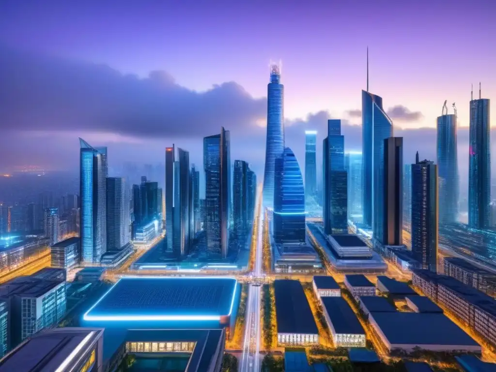 Metropolis futurista: rascacielos innovadores y tecnología avanzada Un paisaje urbano futurista con rascacielos elegantes y brillantes, conectados por luces de neón