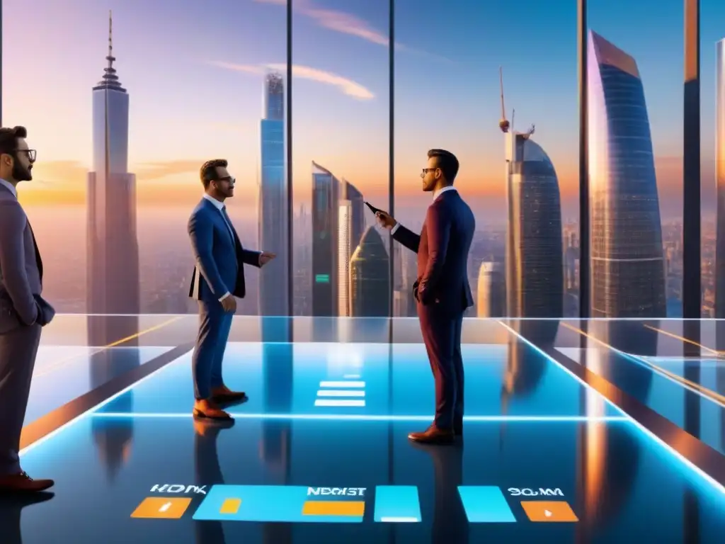 Metrópolis futurista: reunión de profesionales en la era poscrisis Un paisaje urbano futurista con rascacielos elegantes, conectados por pasarelas transparentes