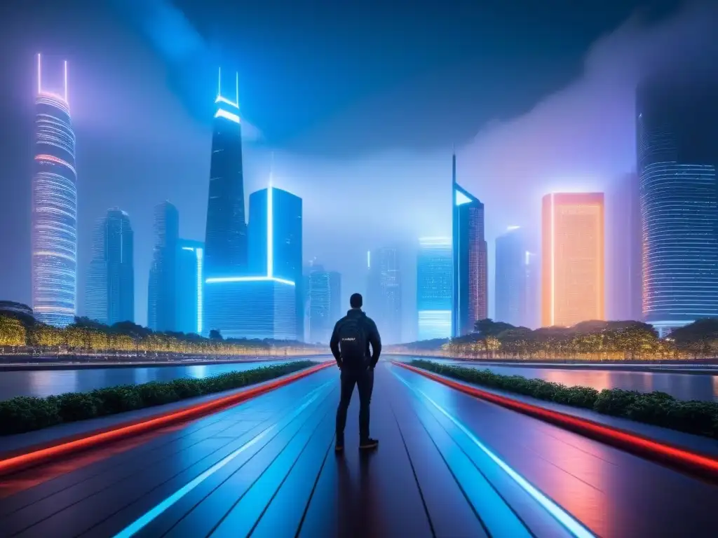Metrópolis futurista: tecnología avanzada en transacciones inmobiliarias Un paisaje urbano futurista con rascacielos interconectados, mostrando la integración de tecnología avanzada en transacciones inmobiliarias