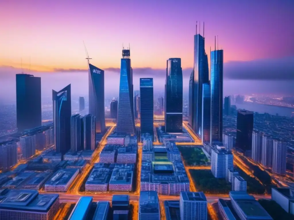 Metrópolis futurista: inteligencia artificial y regulación inmobiliaria Un paisaje urbano futurista al anochecer con rascacielos iluminados por luces de neón, reflejándose en edificios de vidrio