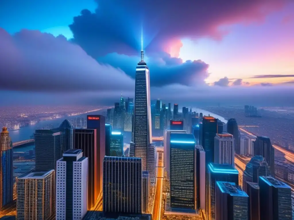 Cityscape futurista en 8k: blockchain y rascacielos de cristal Un paisaje urbano futurista con rascacielos de cristal interconectados por líneas brillantes, simbolizando la tecnología blockchain en finanzas inmobiliarias