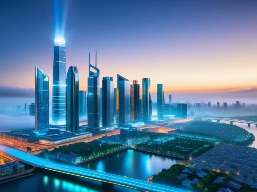 Metrópolis futurista con tecnología blockchain avanzada Un paisaje urbano futurista con rascacielos interconectados por puentes brillantes, mostrando contratos inteligentes en finanzas inmobiliarias