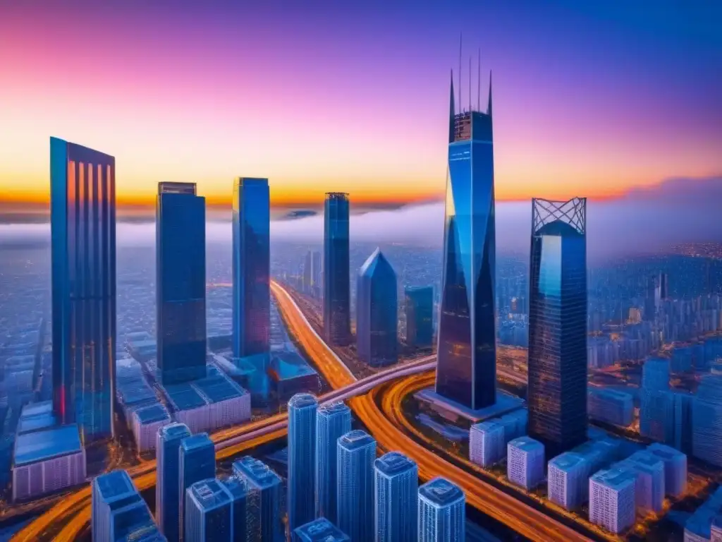 Metrópolis futurista: blockchain en el horizonte Un paisaje urbano futurista con rascacielos de vidrio, autos inteligentes y conexiones digitales brillantes, integrando Blockchain en financiamiento inmobiliario