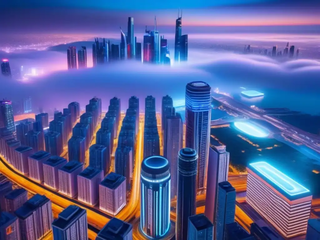 Metrópolis futurista: luces neón y tecnología avanzada Un paisaje urbano futurista con rascacielos iluminados por luces de neón vibrantes