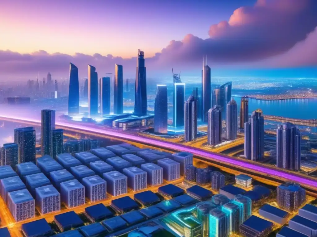 Metrópolis futurista: innovación y tecnología en armonía urbana Un paisaje urbano futurista con rascacielos y tecnología avanzada integrada, iluminado por luces de neón
