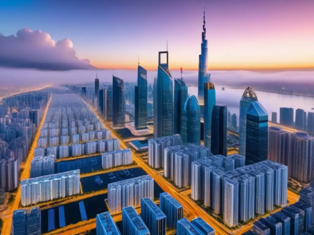 Blockchain en la ciudad: Financiamiento inmobiliario del futuro Un paisaje urbano futurista con rascacielos interconectados por redes blockchain, simbolizando la innovación en financiamiento inmobiliario legal