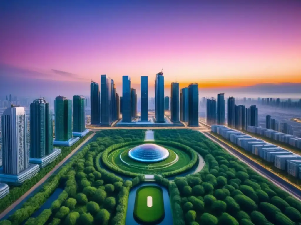 Futurismo urbano: ciudad innovadora y verde en 8K Un paisaje urbano futurista con rascacielos modernos, tecnología avanzada y naturaleza exuberante alrededor
