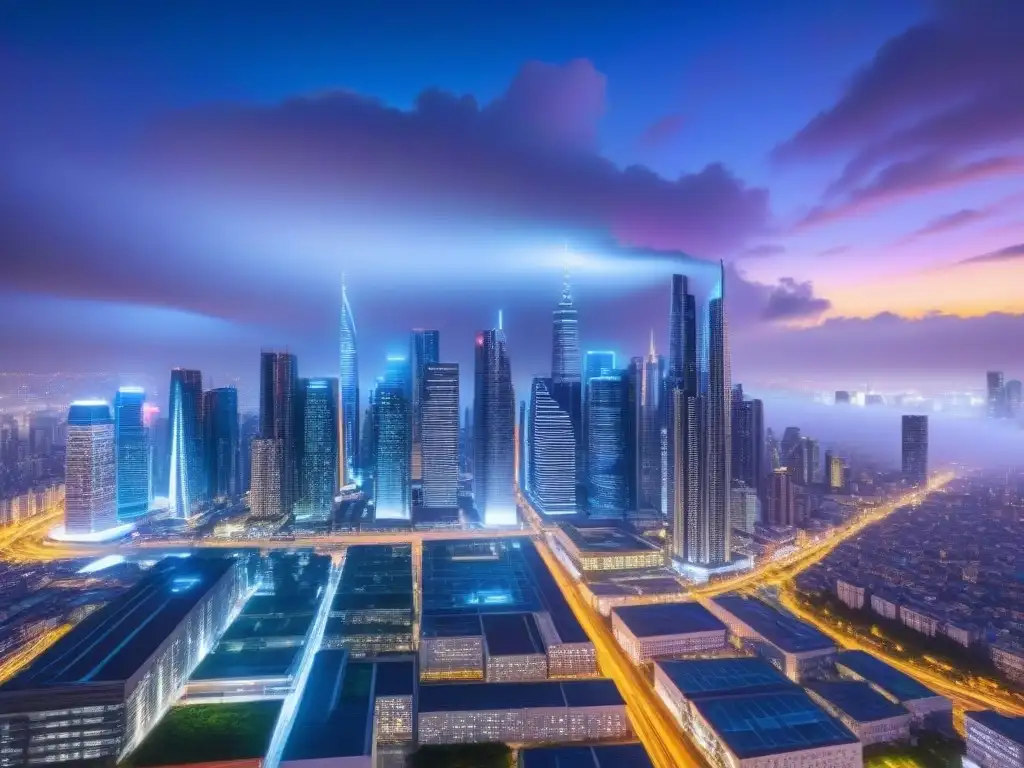 Metropolis futurista: fusión de big data y fintech en la arquitectura urbana Un paisaje urbano futurista con rascacielos elegantes y flujos de datos digitales entrelazados, iluminado con luces de neón vibrantes