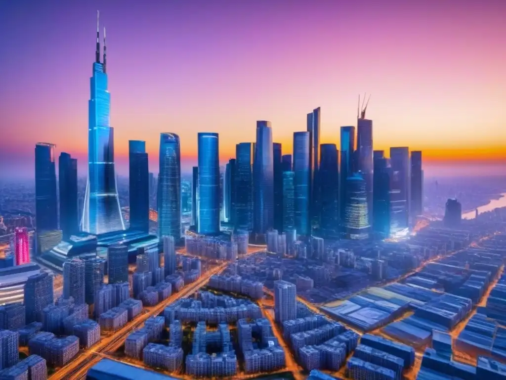 Futurismo financiero: Ciudad innovadora en 8k Un paisaje urbano futurista con rascacielos y pantallas digitales mostrando datos financieros, iluminado por una puesta de sol vibrante