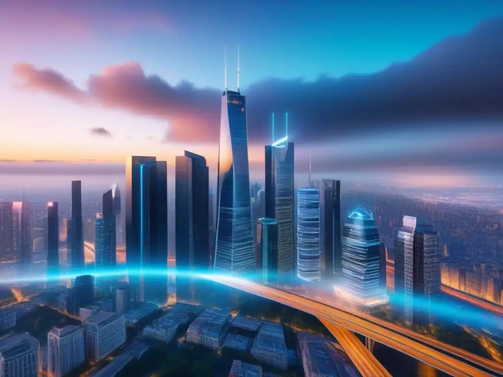 Metrópolis futurista: fusión de tecnología y finanzas en alta resolución Un paisaje urbano futurista con rascacielos modernos y elementos digitales, iluminado por una luz etérea