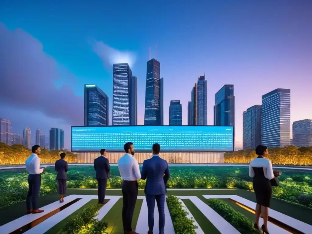 Metrópolis futurista: innovación financiera y colaboración Un paisaje urbano futurista al anochecer, con rascacielos elegantes y pantallas digitales brillantes