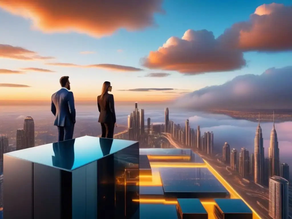 Metrópolis futurista: innovación y colaboración en valuación inmobiliaria Un paisaje urbano futurista con rascacielos que se elevan hacia las nubes, reflejando el sol dorado